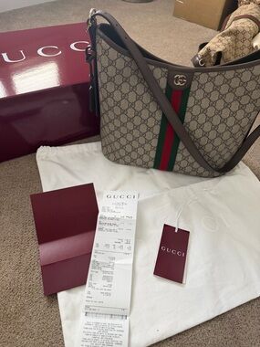 Gucci Beige GG Canvas Shoulder Bag with Green-Red Web and Brown Trim